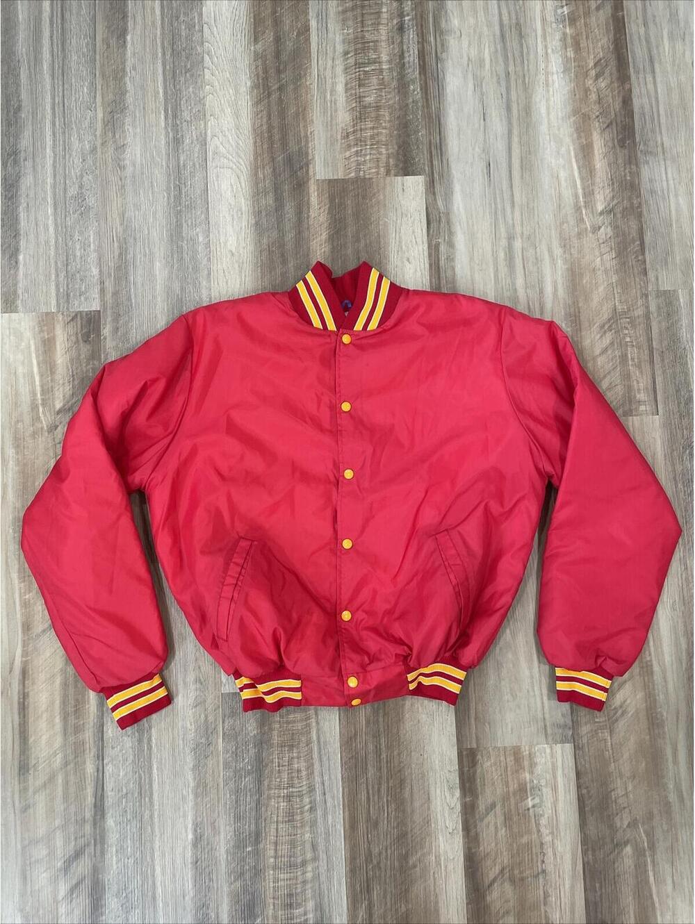 Vintage 90s Red Rennoc Bomber Jacket Mens L (44-46) Satin Snap Coat Made in USA